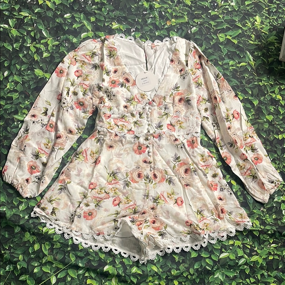 Luxxel Floral Romper with Lace Trim